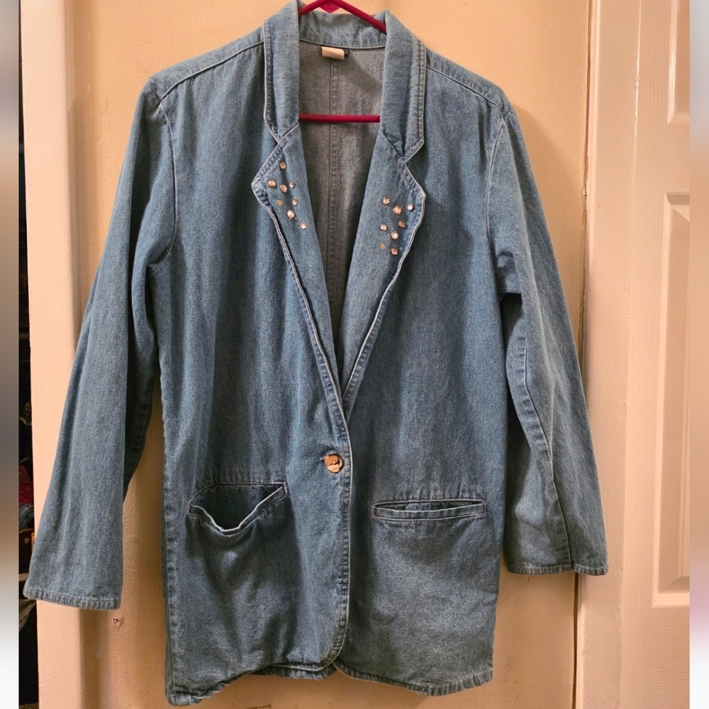 Vtg 80s Women's Long Denim Blazer Jacket Jeweled Lapel Hunt Club USA Made Size S